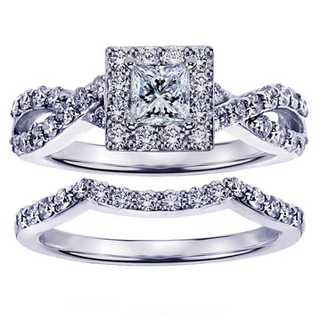 1.15 CT Braided Princess Cut Diamond Engagement Wedding Band Set in 14k White Gold